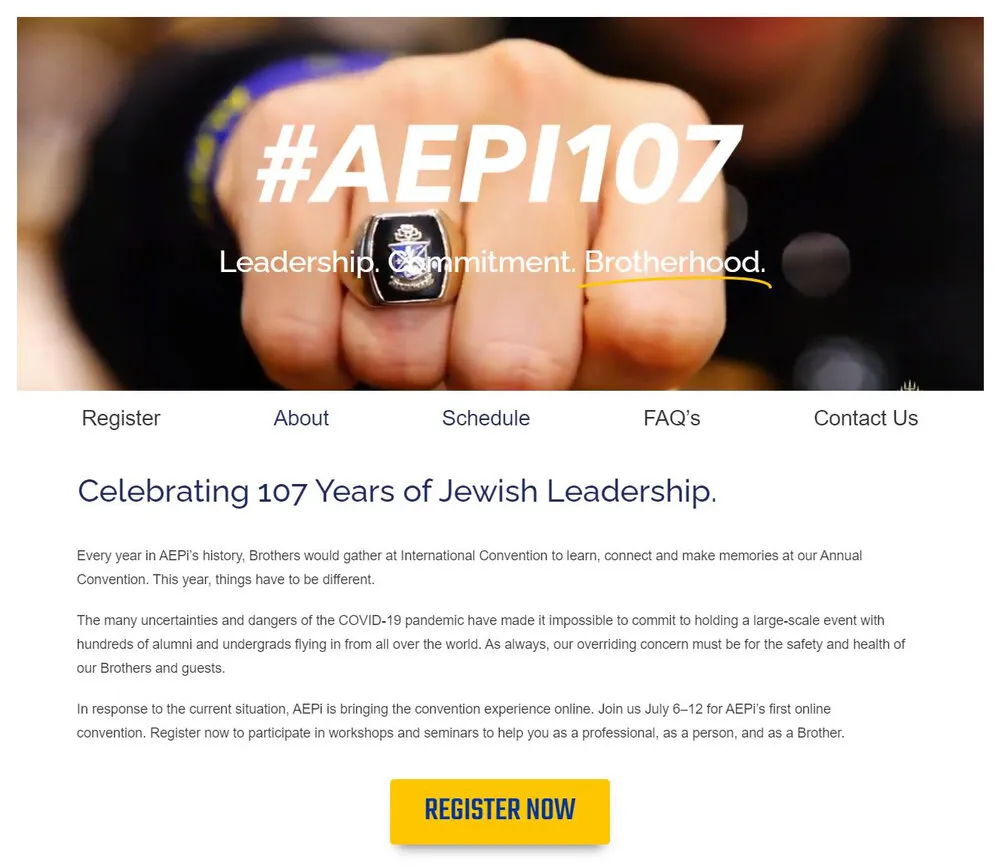 Homepage of AEPi's virtual convention