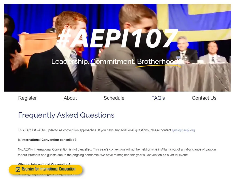 Frequently asked questions page for AEPi's virtual convention