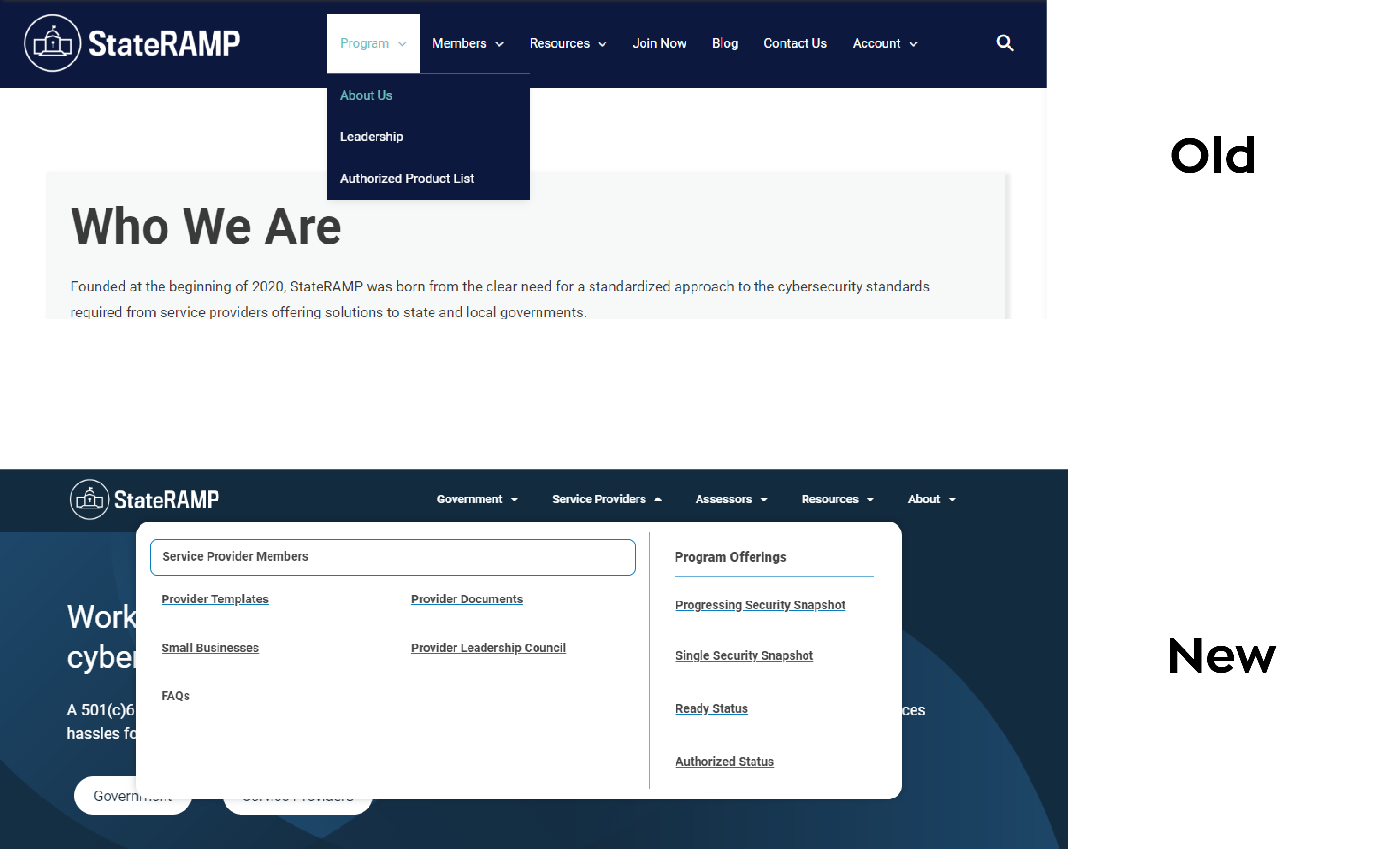Navigation menus on the refreshed GovRAMP website